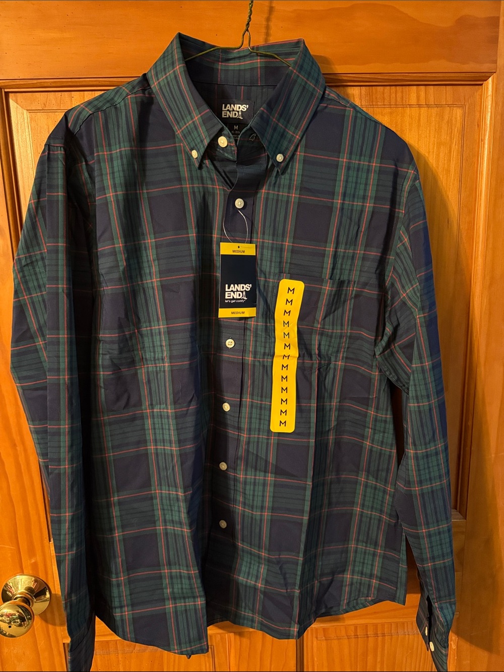 Lands' End Men's Navy and Green Plaid Button-Down Shirt